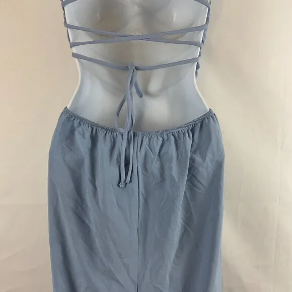 Halara Strappy Backless Jumpsuit S Light Blue Elastic Waist Wide Leg New NWT - Picture 9 of 13